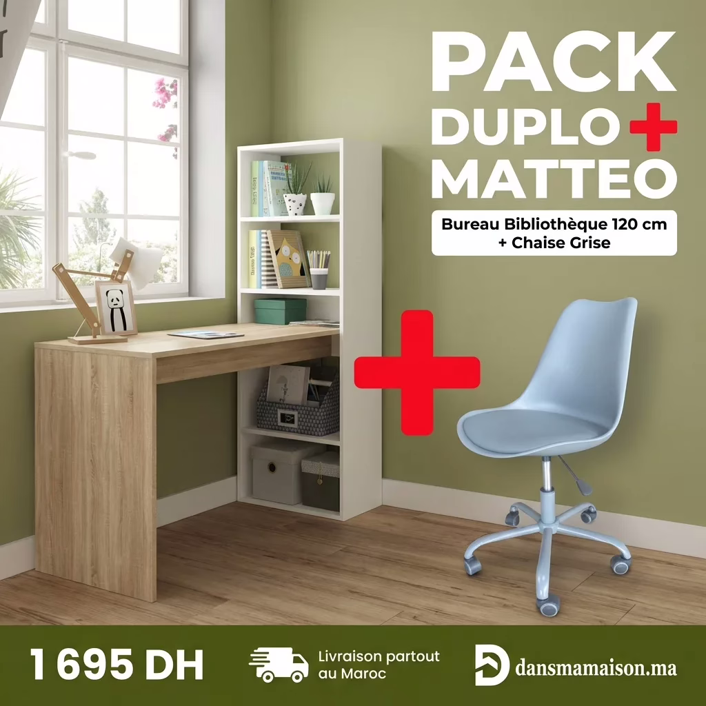 PACK Bureau DUPLO avec Bibliothèque + Chaise MATTEO Gris