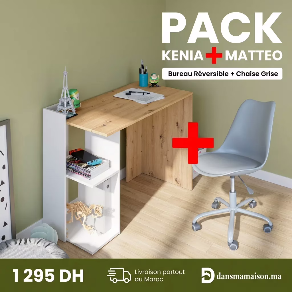 PACK Bureau KENIA Réversible + Chaise MATTEO Gris