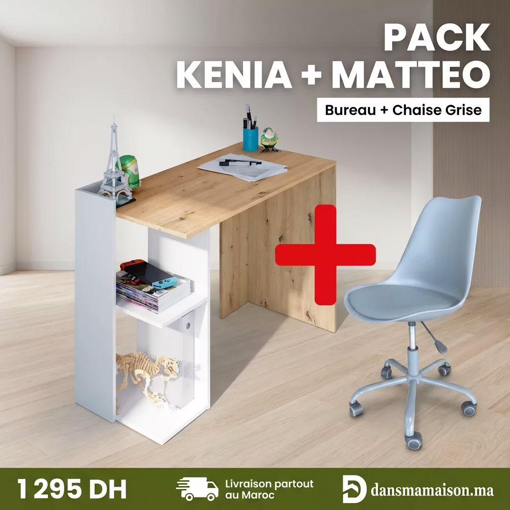 PACK Bureau KENIA Réversible + Chaise MATTEO Gris – Image 2